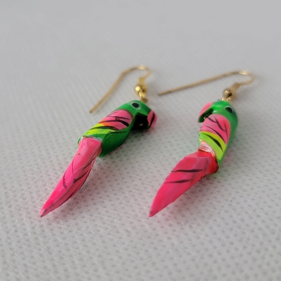 Hand Painted Wood Parrot Earrings Neon - Picture 5 of 7